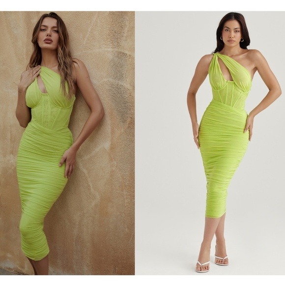 HOUSE OF CB 'Valentina'Lime neon Asymmetric Cutout Midi‎ Dress/Size XS plus cup - Picture 4 of 16